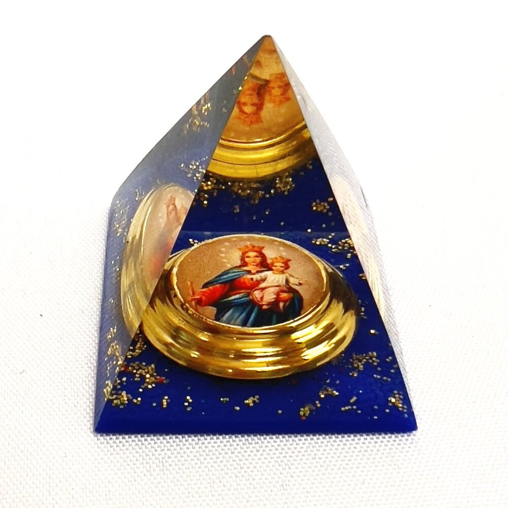 Lucite Pyramid Virgin Mary Medallion Religious Vintage Paperweight Gold Flakes